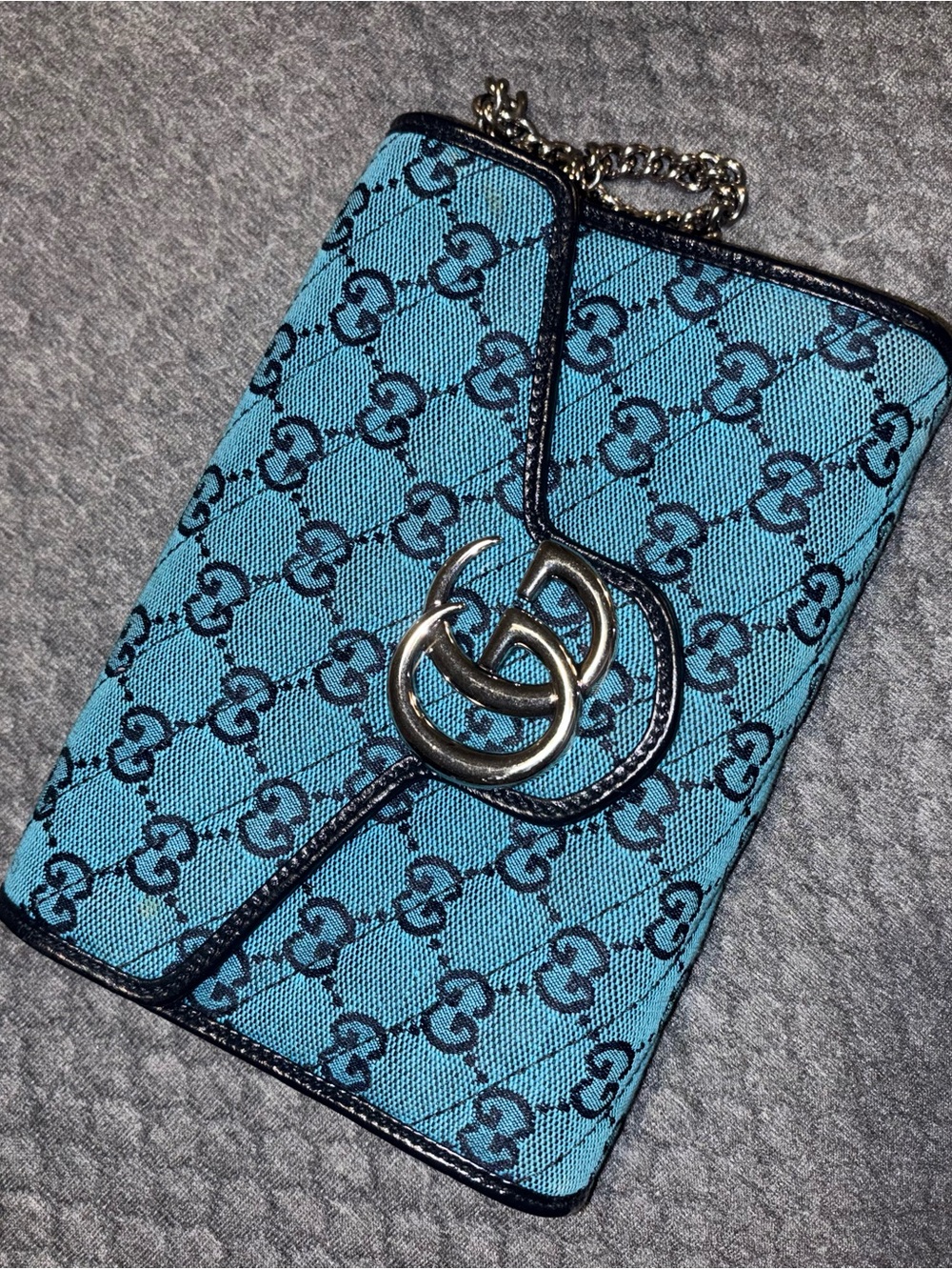 Gucci Turquoise GG Canvas Chain Card Holder with Black Trim